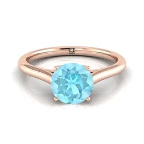 14K Rose Gold Round Brilliant Aquamarine Cathedral Style Comfort Fit Solitaire Engagement Ring