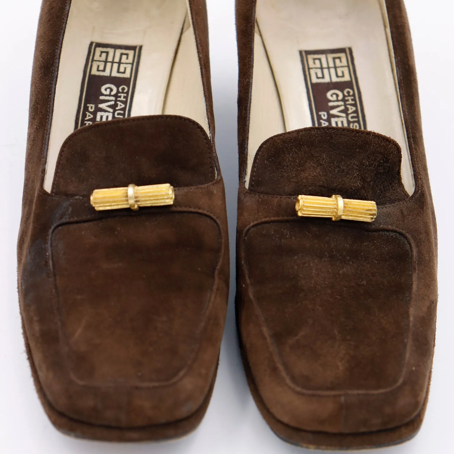 1970s Givenchy Brown Suede Loafer Shoes With Gold Decorative Buckles