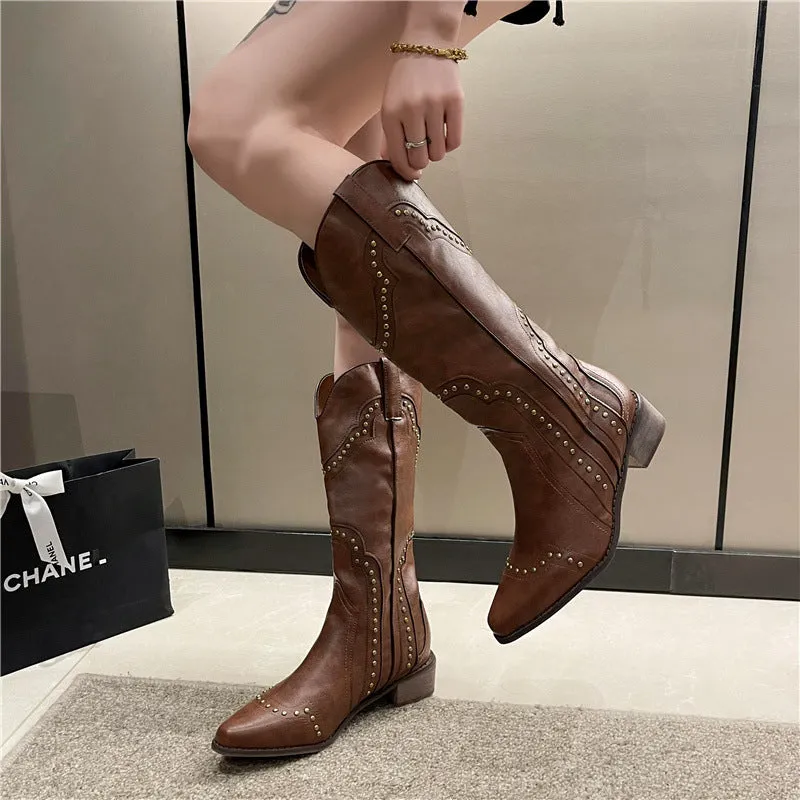 2024 New Vintage Rivet Western Cowboy Versatile High Knee-Length Chunky Heel Shoes