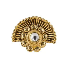 22K Antique Gold Cocktail Ring W/ Kundan & Floral Fan Design