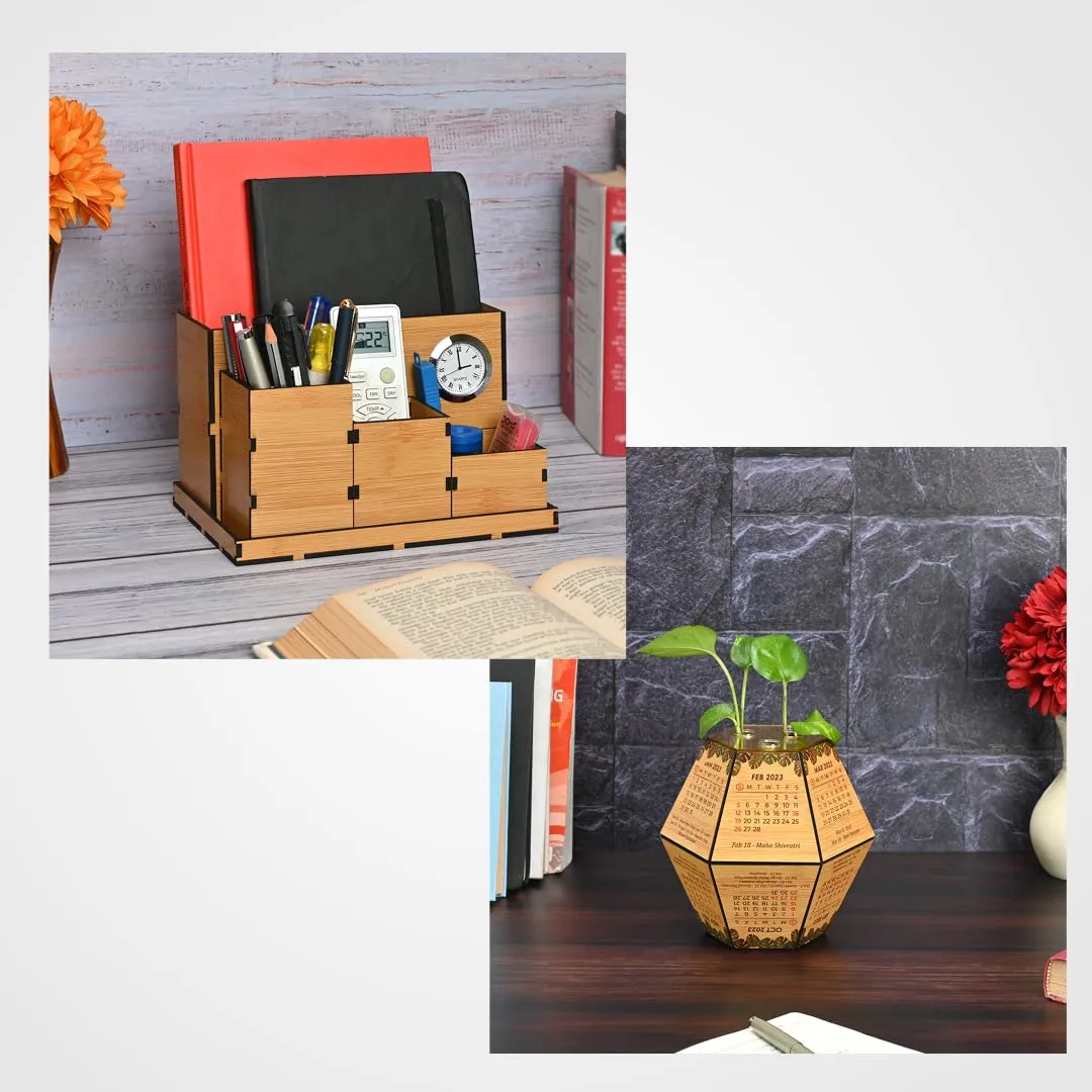 4 Compartment Desk Organizer With Clock & Calendar With Test Tube Planter Combo | Corporate Gift