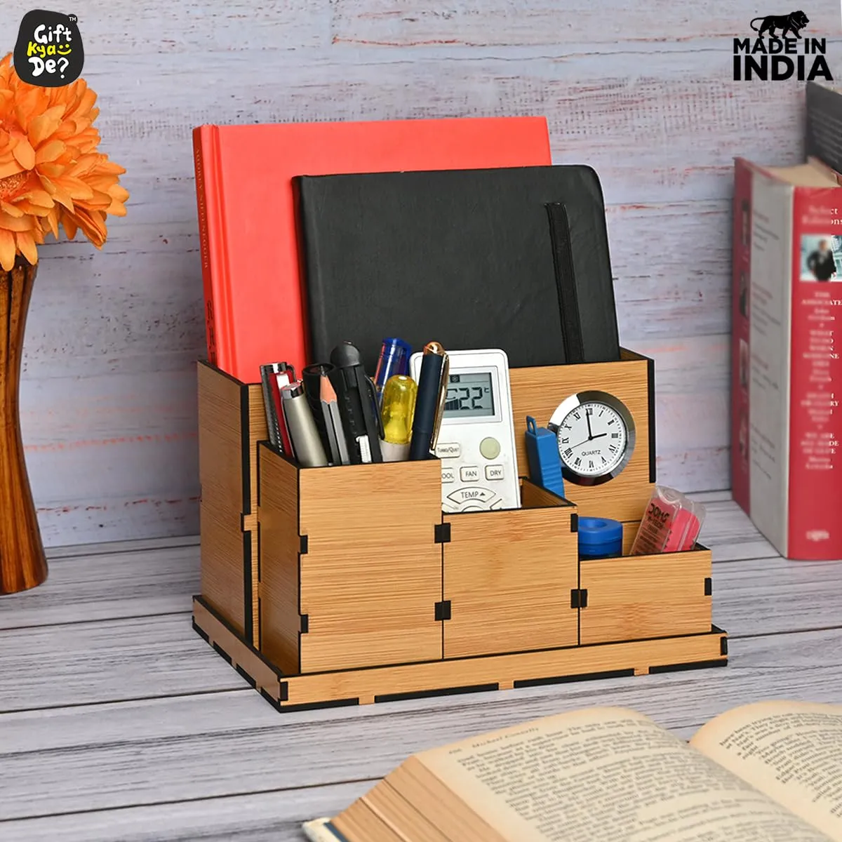 4 Compartment Desk Organizer With Clock & Calendar With Test Tube Planter Combo | Corporate Gift