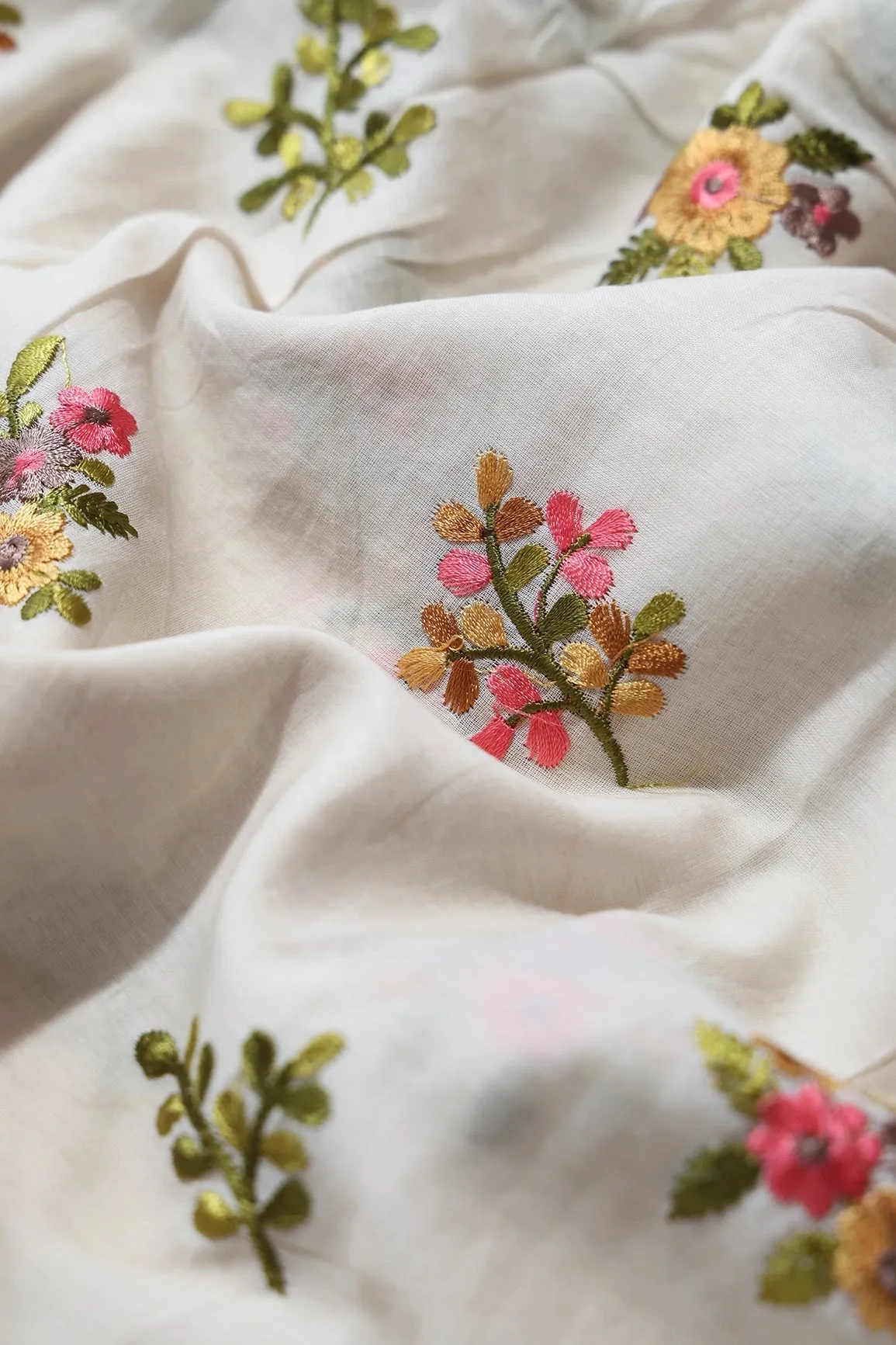 7 Meter Cut Piece Of Multi Thread Beautiful Floral Embroidery Work On Cream Organic Cotton Fabric