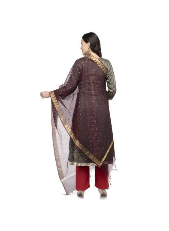 A R Silk Women's Chanderi Zari Embroidery Wine Regular Dupatta