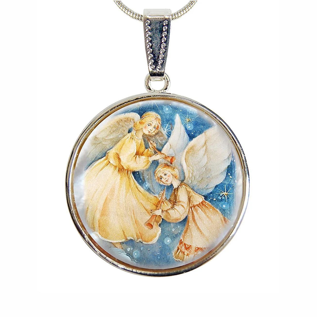 Angels Watching Over Silver Plated Mother of Pearl Jewelry Necklace - 43046