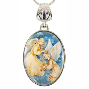 Angels Watching Over Silver Plated Mother of Pearl Jewelry Necklace - 43046