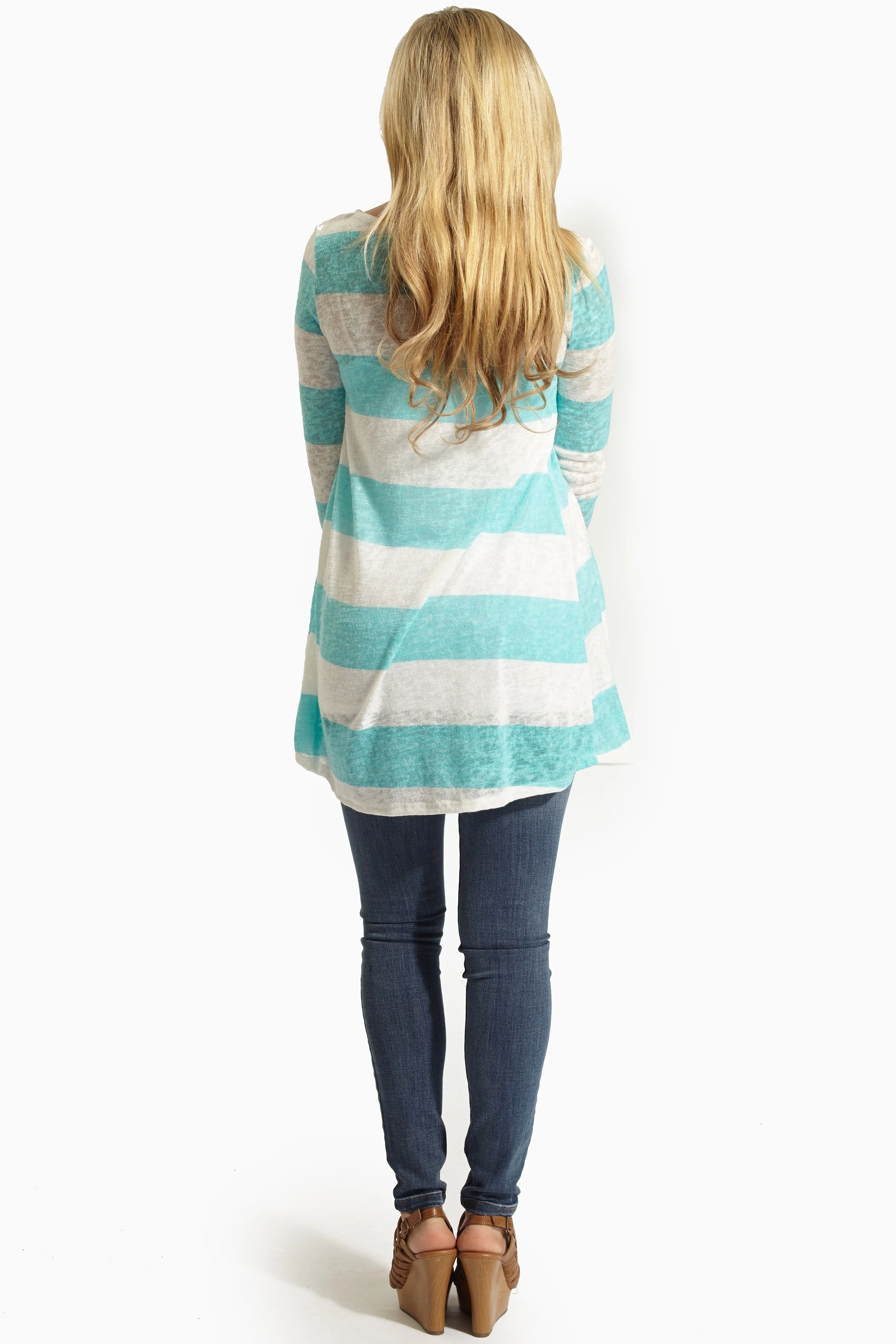 Aqua Striped Tribal Print Pocket Knit Tunic