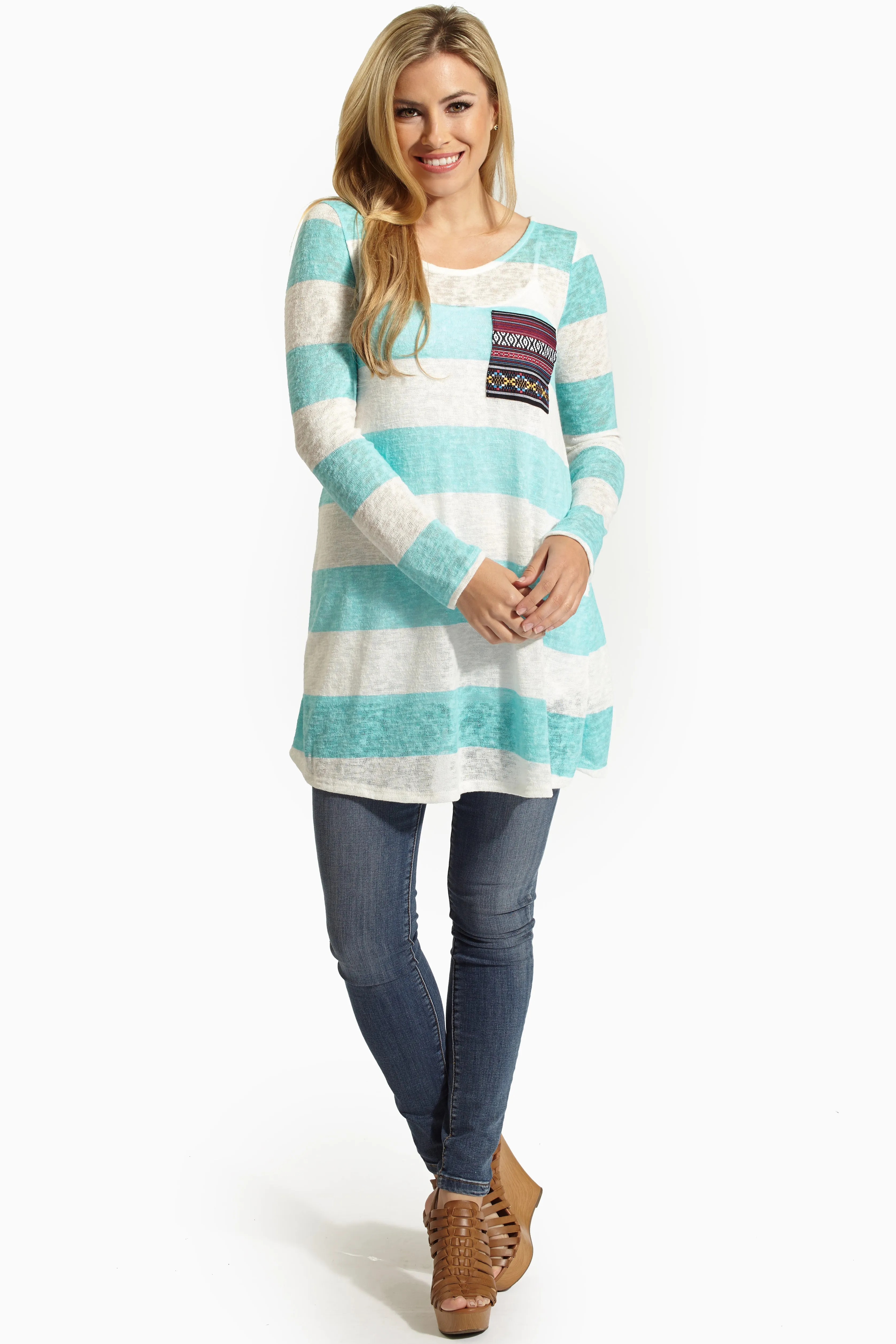 Aqua Striped Tribal Print Pocket Knit Tunic