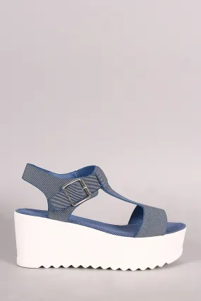 Bamboo Denim T-Strap Open Toe Lug Sole Flatform