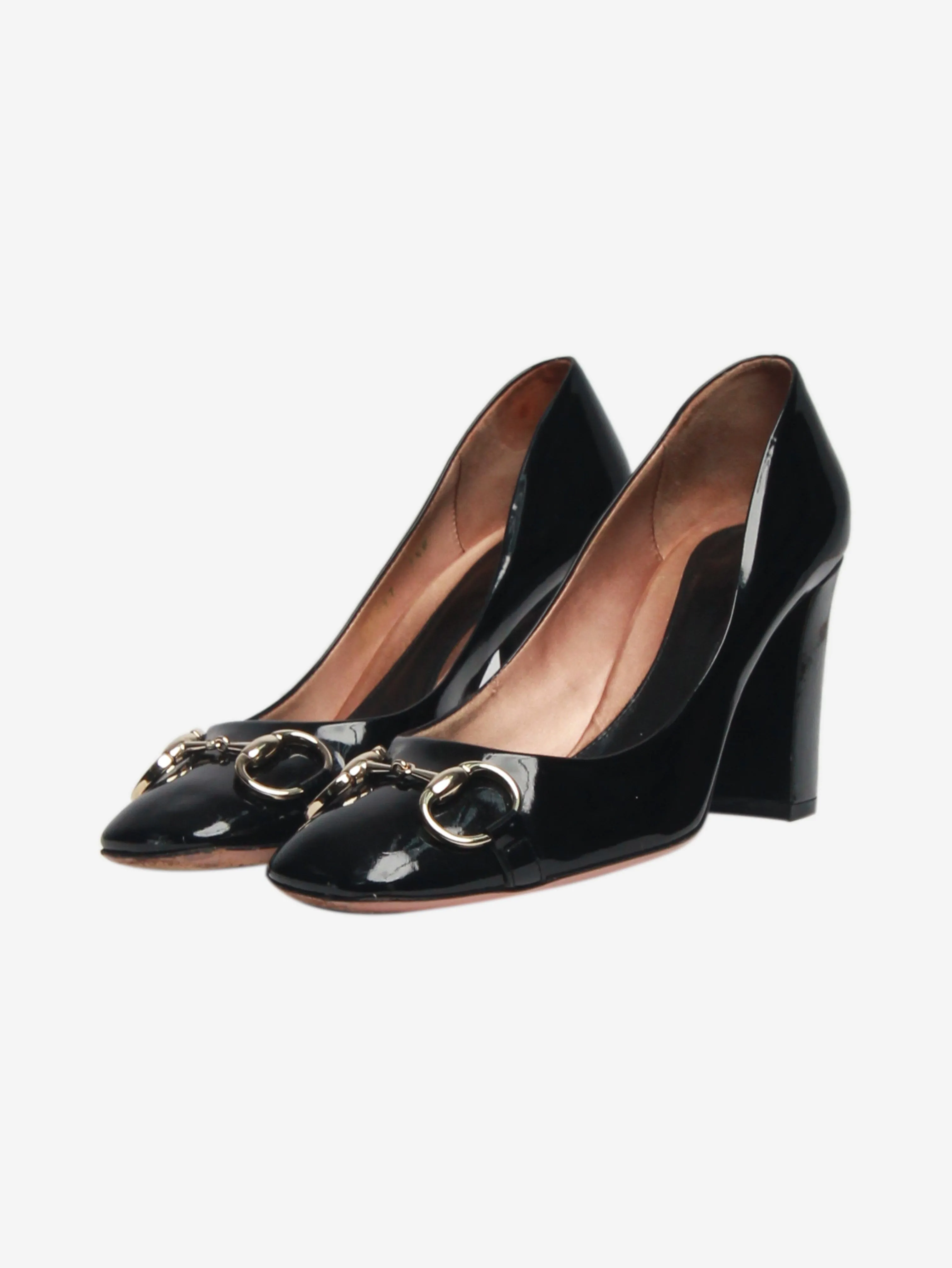 Black patent Horsebit pumps - size UK 5.5