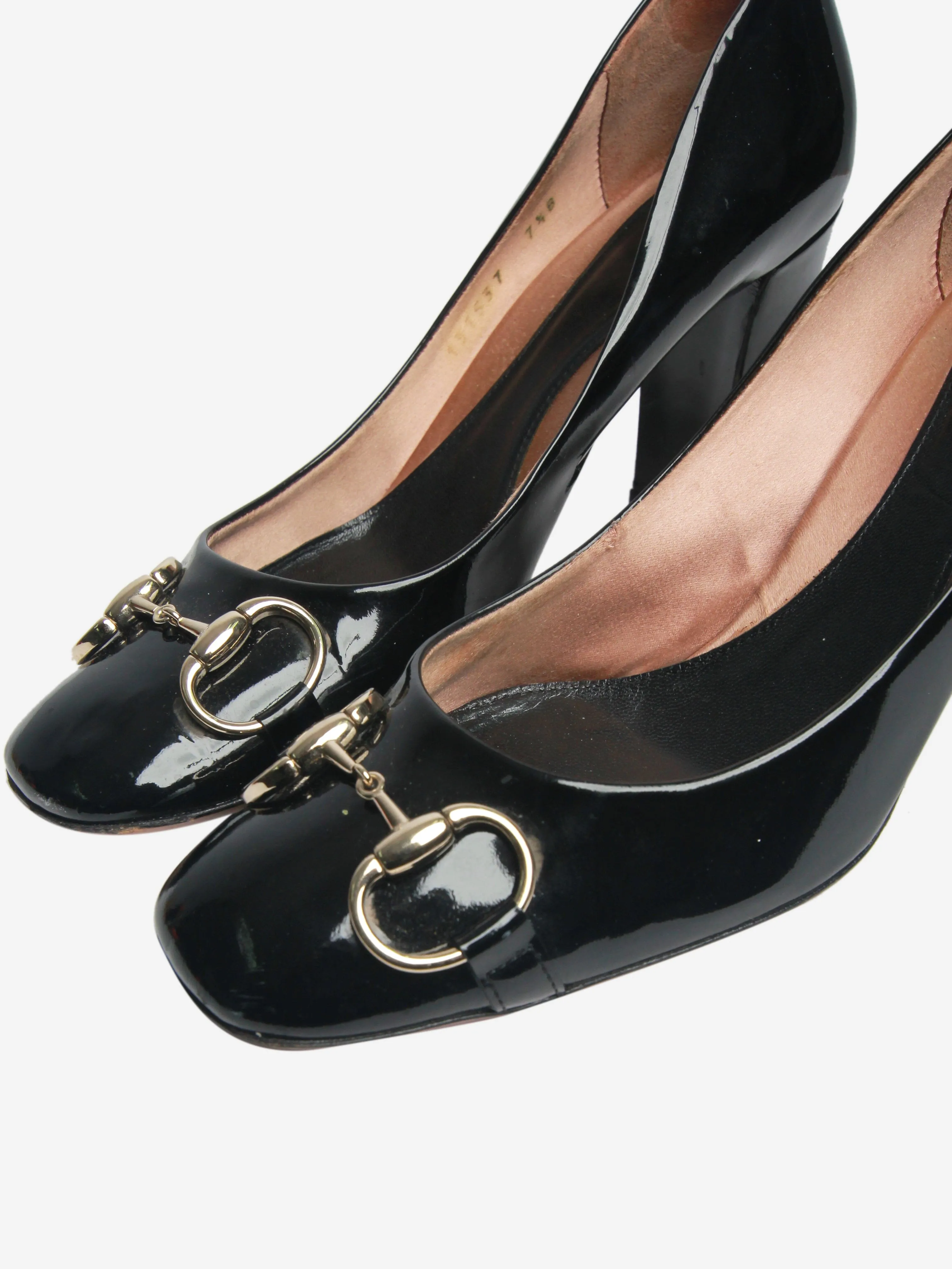 Black patent Horsebit pumps - size UK 5.5