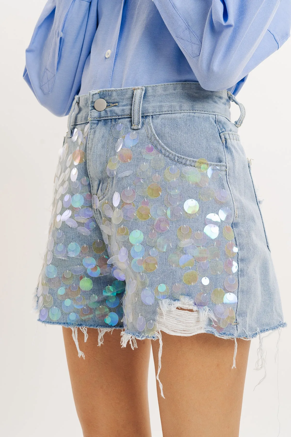 Blue Sequin Embellished Denim Short