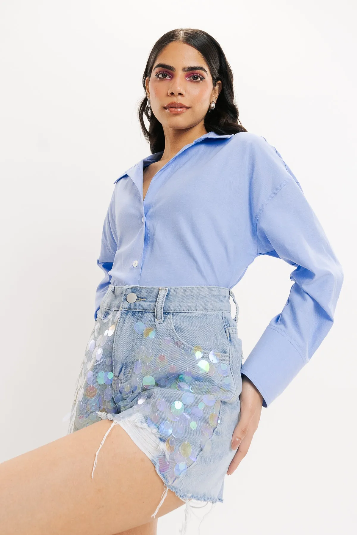 Blue Sequin Embellished Denim Short