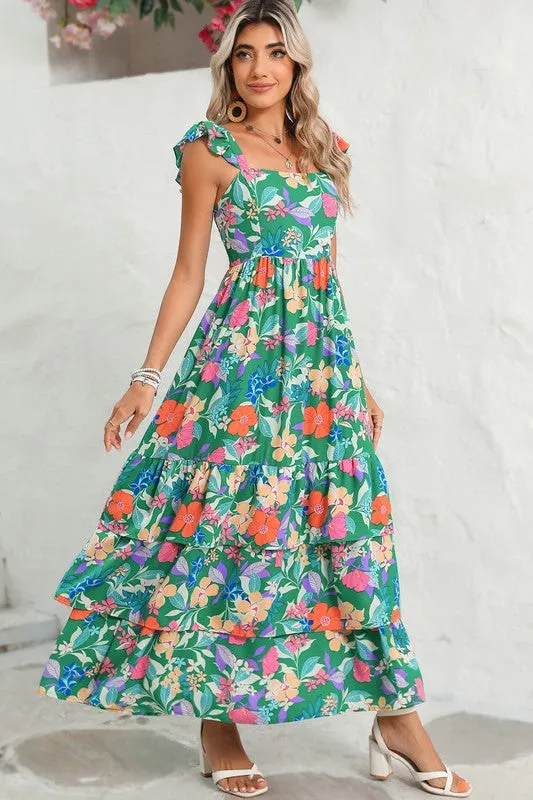 Boho Floral Ruffle Sleeveless Tiered Maxi Dress