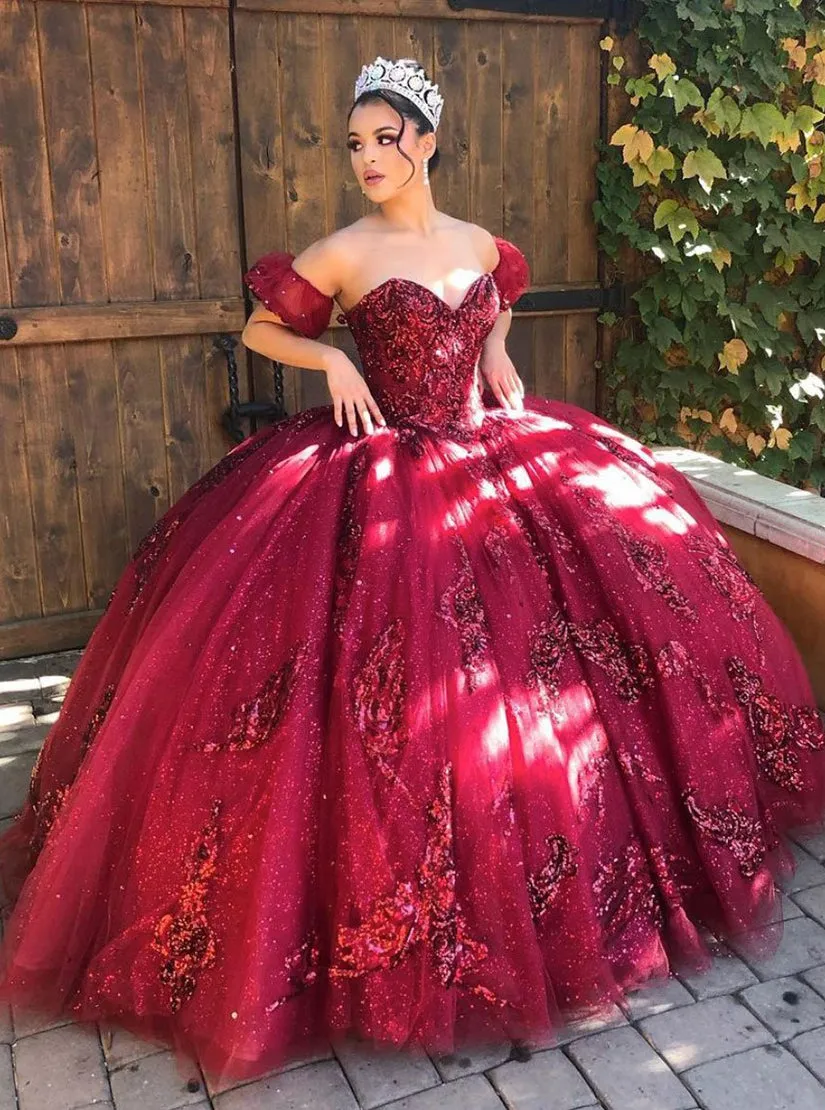 Burgundy Off Shoulder Tulle Lace Long Prom Dress Sweet 16 Dress