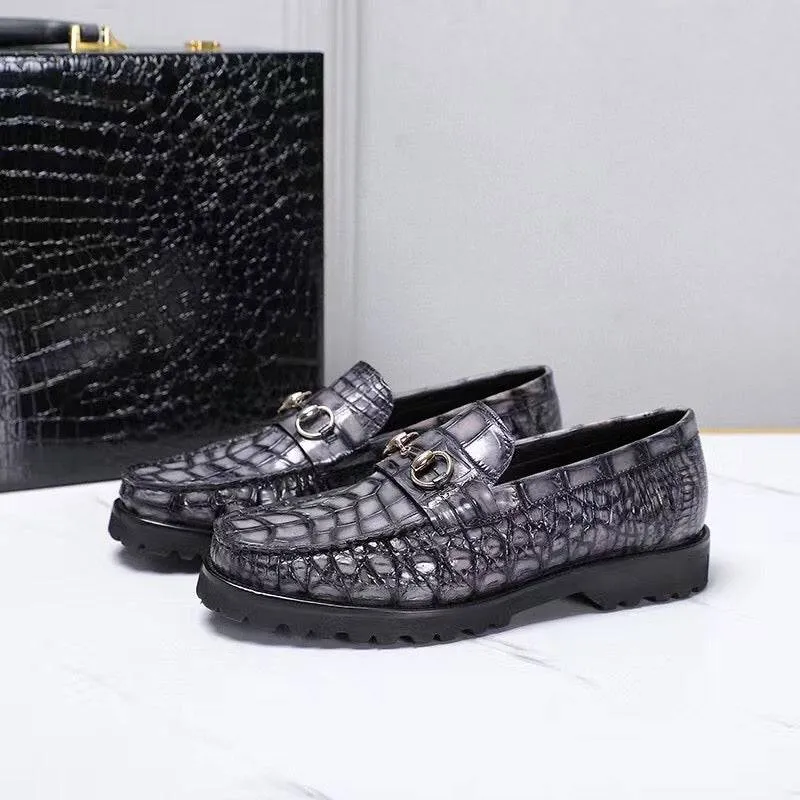 Crocodile Leather Shoes ,Vintage Grey Crocodile Leather Men's Penny Loafer Dress Shoe