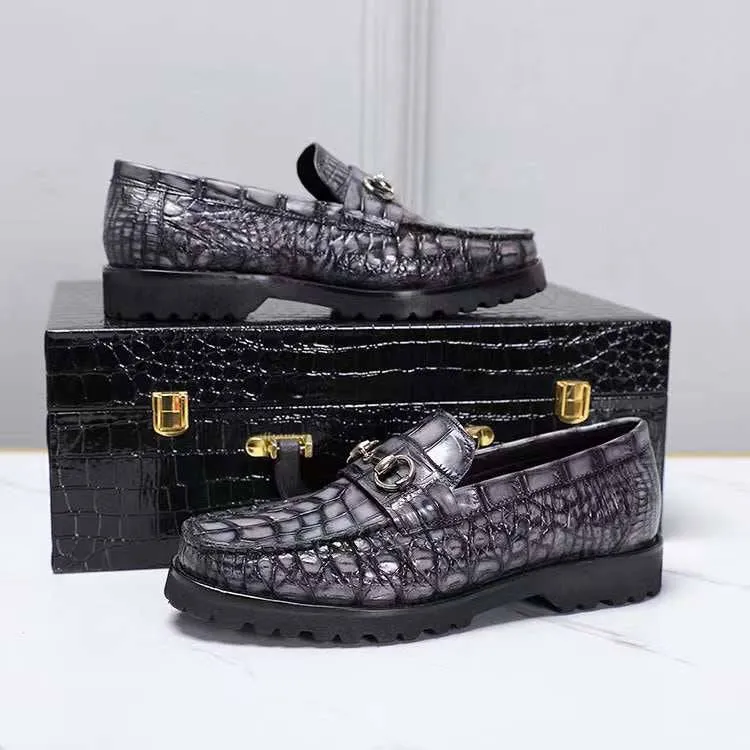 Crocodile Leather Shoes ,Vintage Grey Crocodile Leather Men's Penny Loafer Dress Shoe