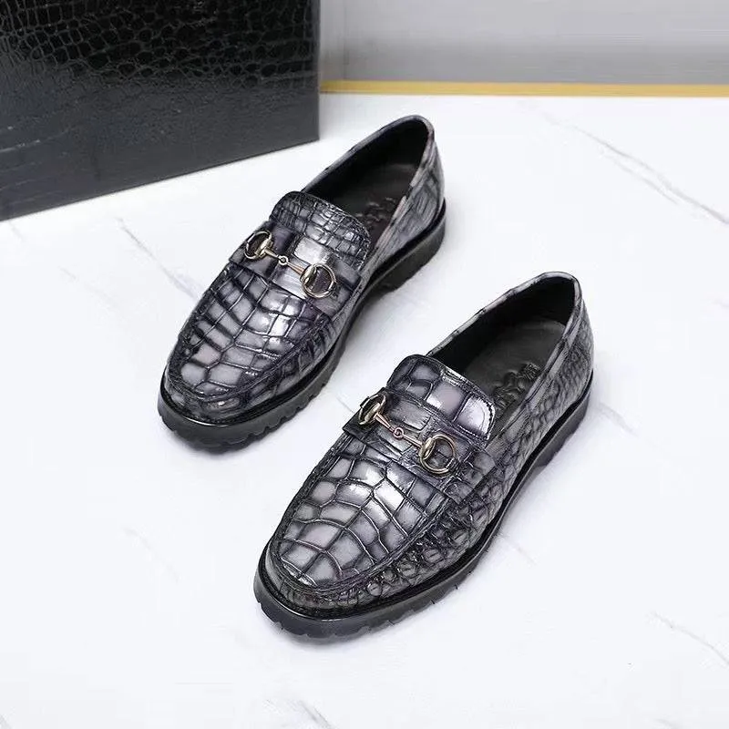 Crocodile Leather Shoes ,Vintage Grey Crocodile Leather Men's Penny Loafer Dress Shoe