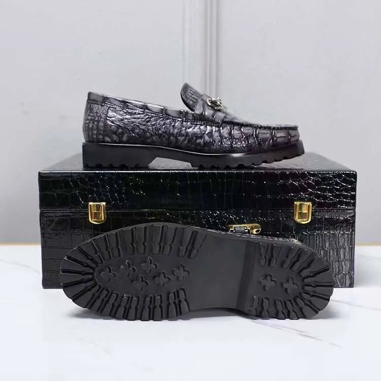 Crocodile Leather Shoes ,Vintage Grey Crocodile Leather Men's Penny Loafer Dress Shoe