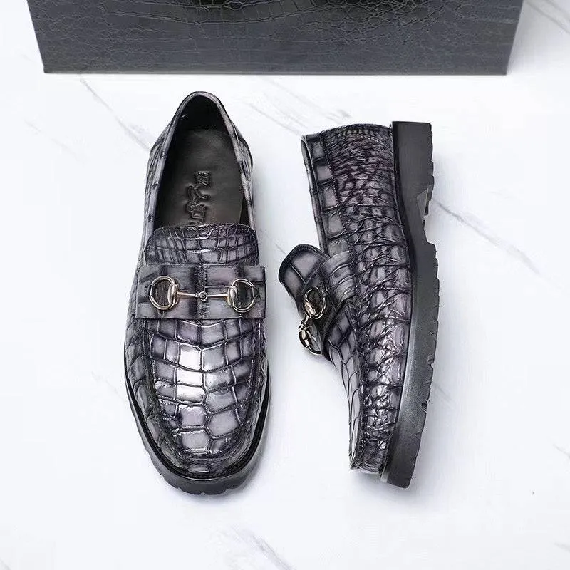 Crocodile Leather Shoes ,Vintage Grey Crocodile Leather Men's Penny Loafer Dress Shoe