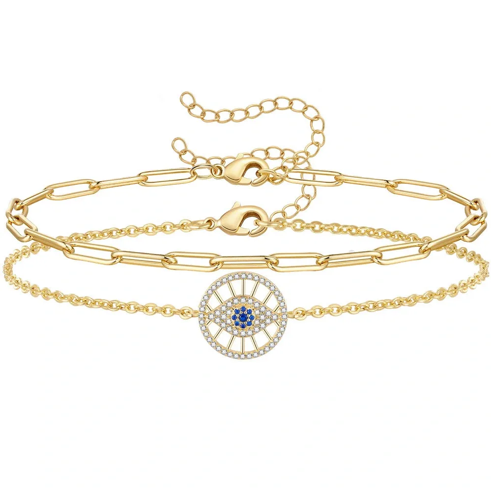 Dainty 14k Gold Plated Layering Evil Eye Anklets Set-Round Eye & Paperclip