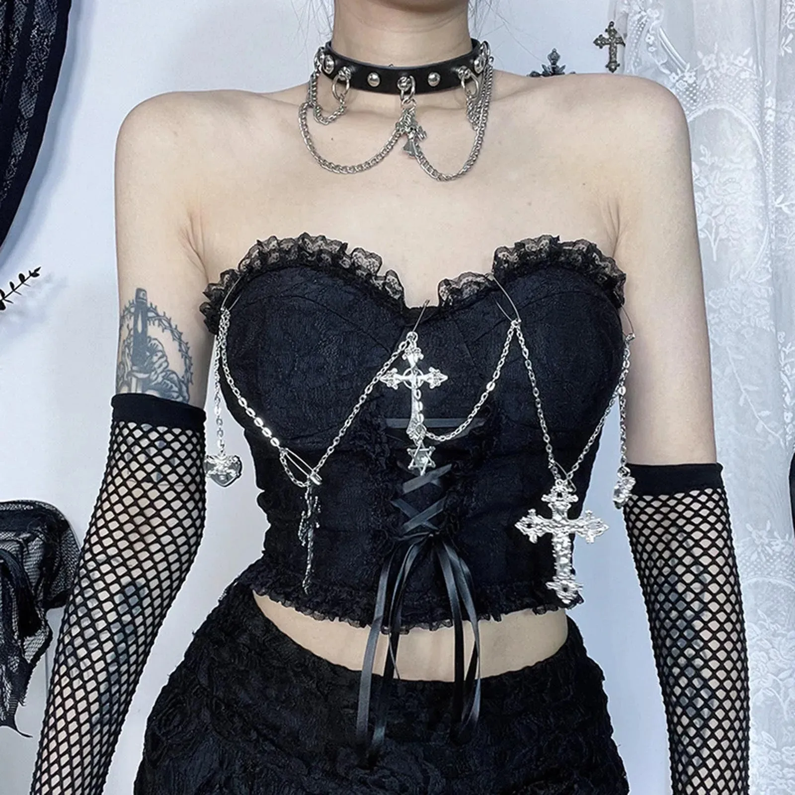 Dark Chain Crop Chest Style Sexy Top Tube Gothic Wrapped Top