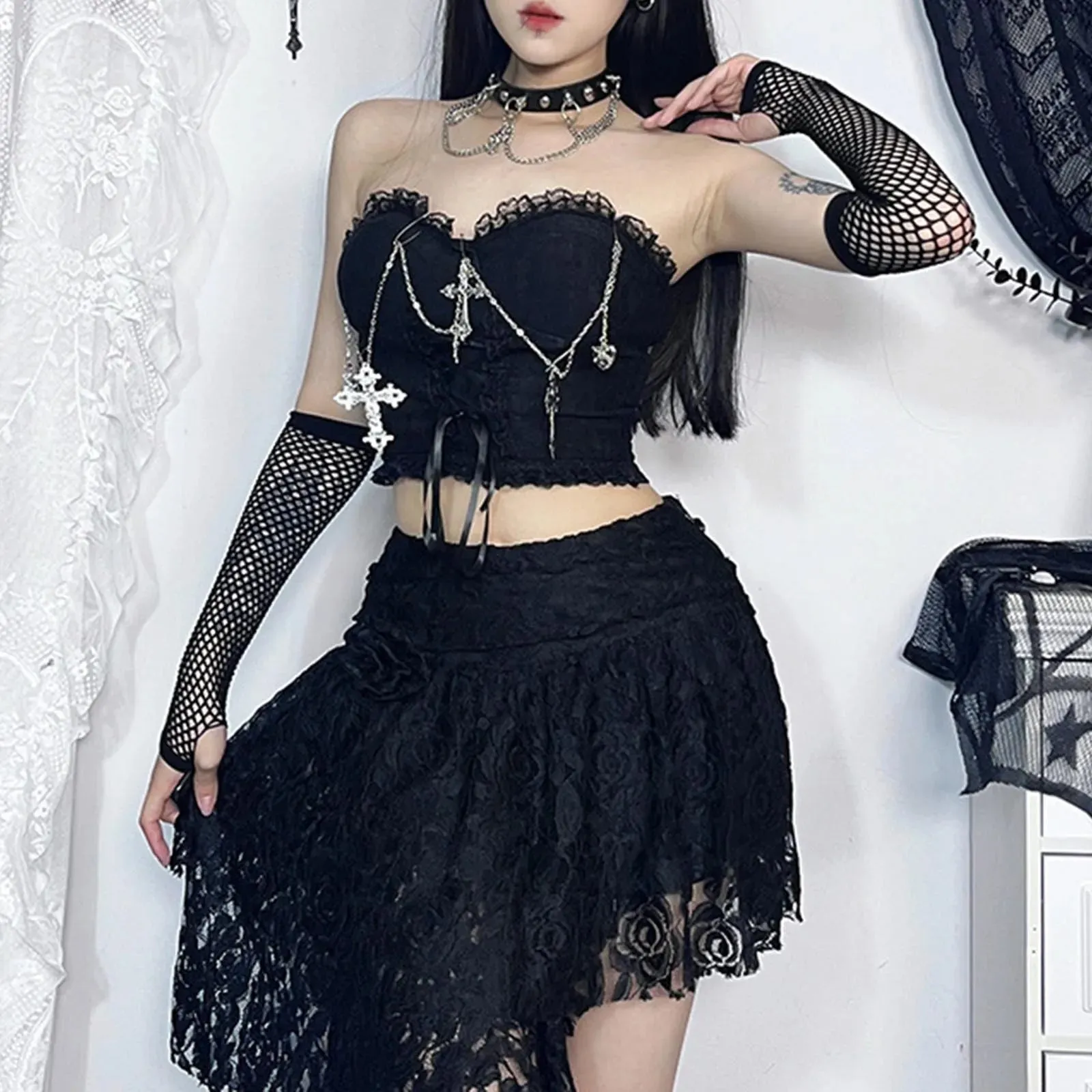 Dark Chain Crop Chest Style Sexy Top Tube Gothic Wrapped Top