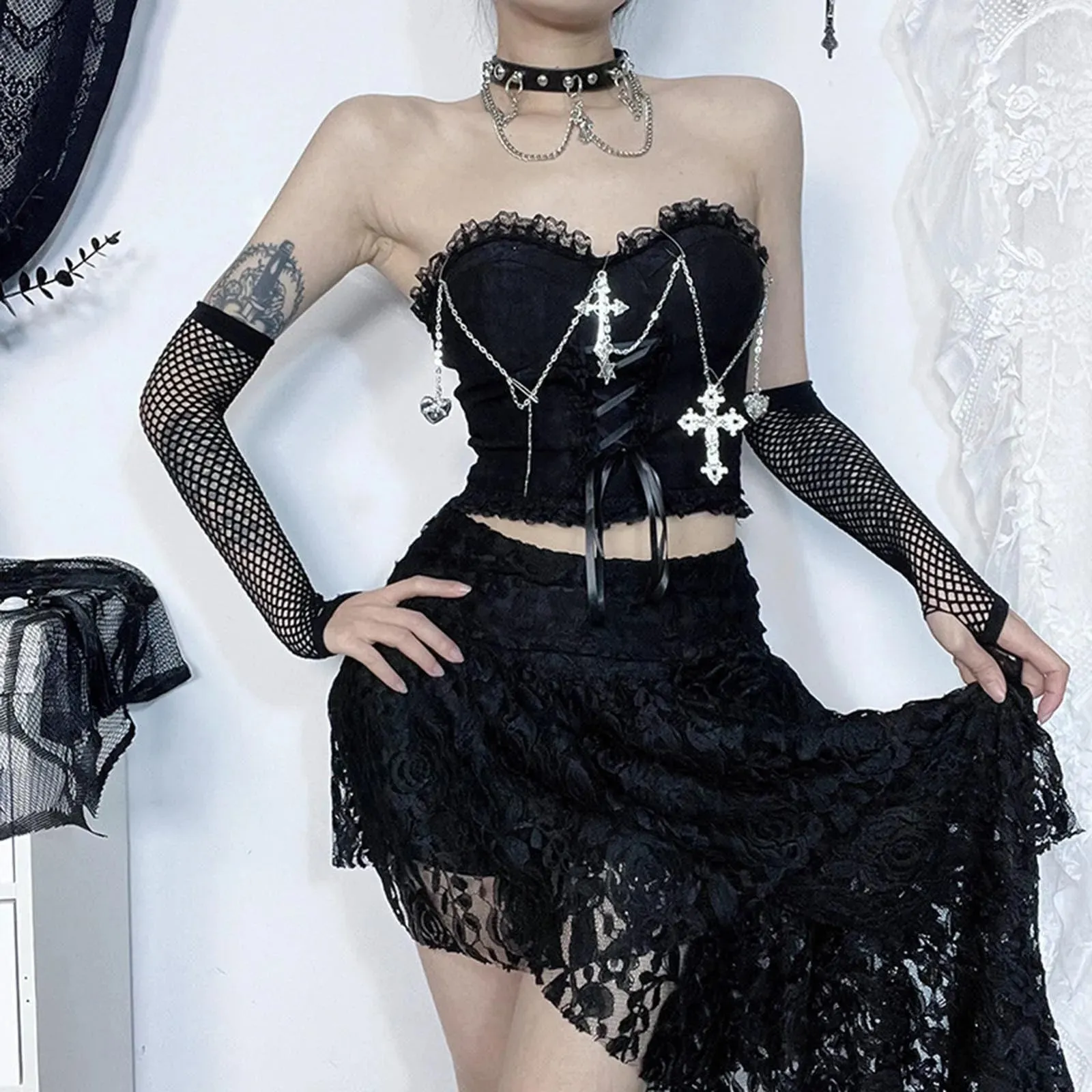 Dark Chain Crop Chest Style Sexy Top Tube Gothic Wrapped Top