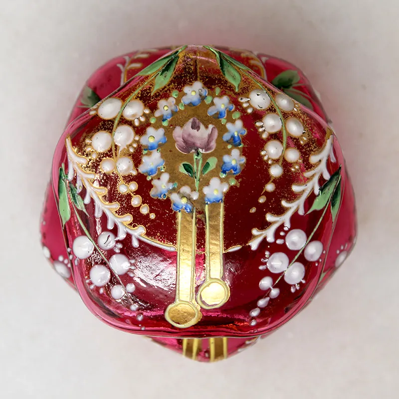 Elaborate Enameled Cranberry Glass Patch Box