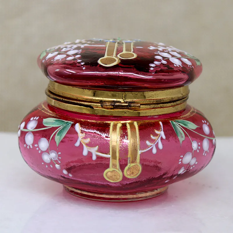 Elaborate Enameled Cranberry Glass Patch Box