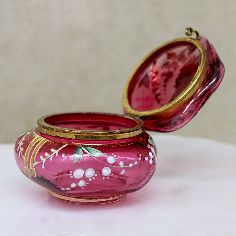 Elaborate Enameled Cranberry Glass Patch Box