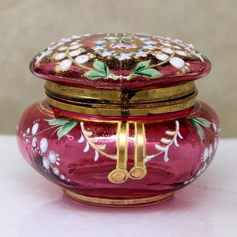 Elaborate Enameled Cranberry Glass Patch Box