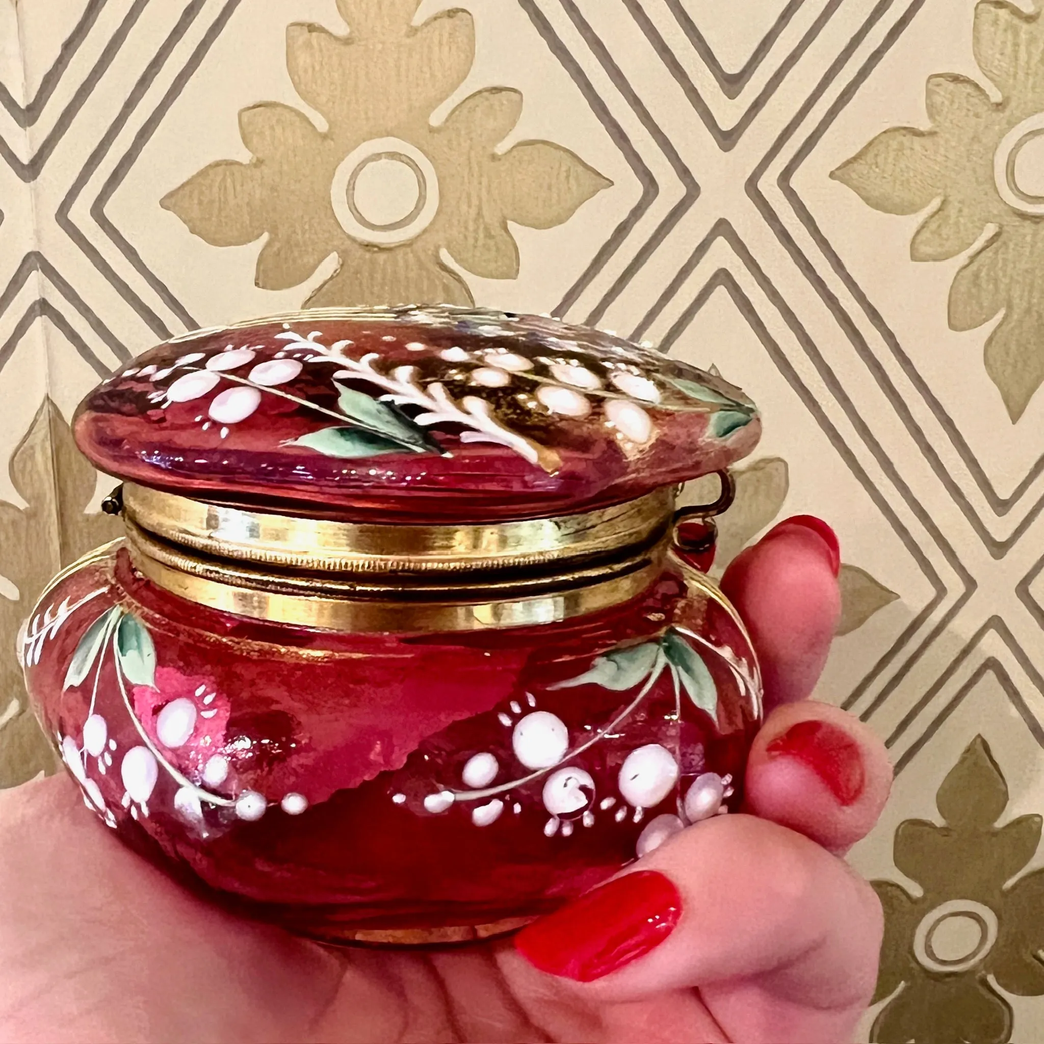 Elaborate Enameled Cranberry Glass Patch Box