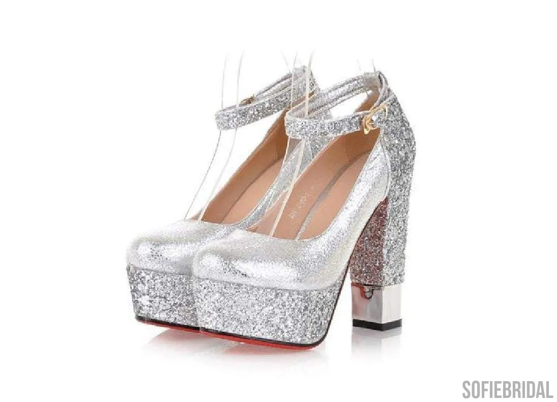 Fashion High Heels Round Pointed Toe Sequin Wedding Bridal Shoes, S035