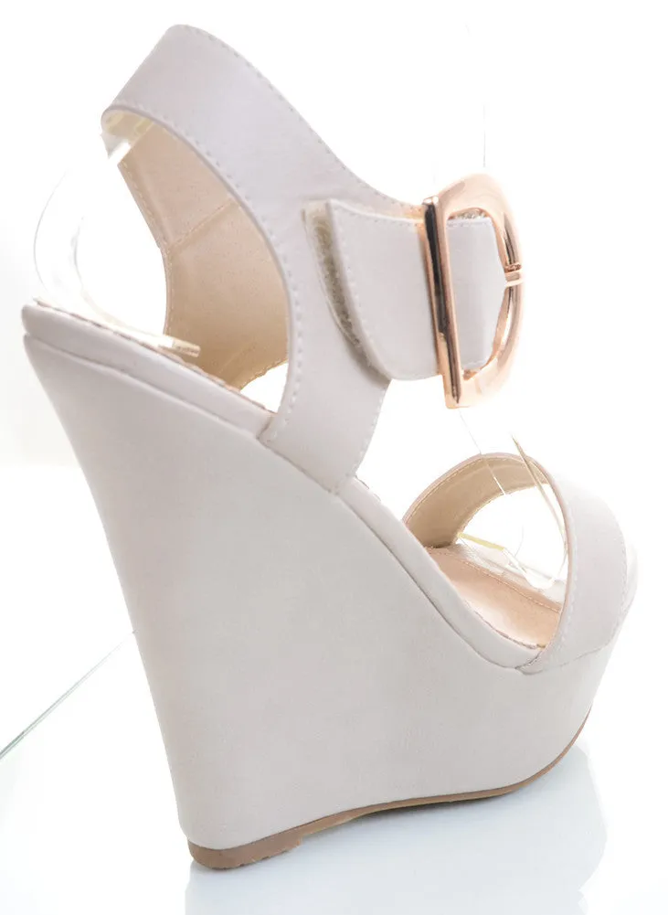 Gold Buckle Accented Open Toe Platform Wedges