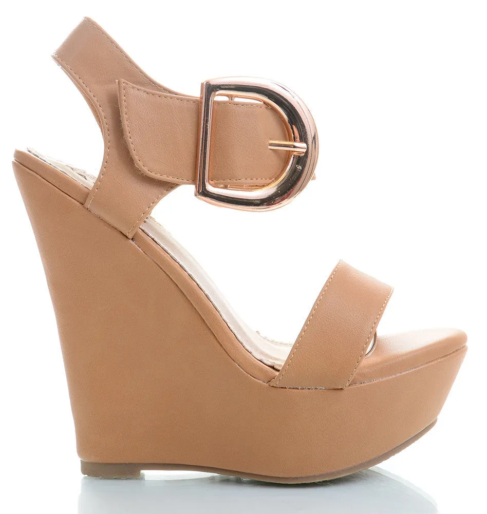 Gold Buckle Accented Open Toe Platform Wedges