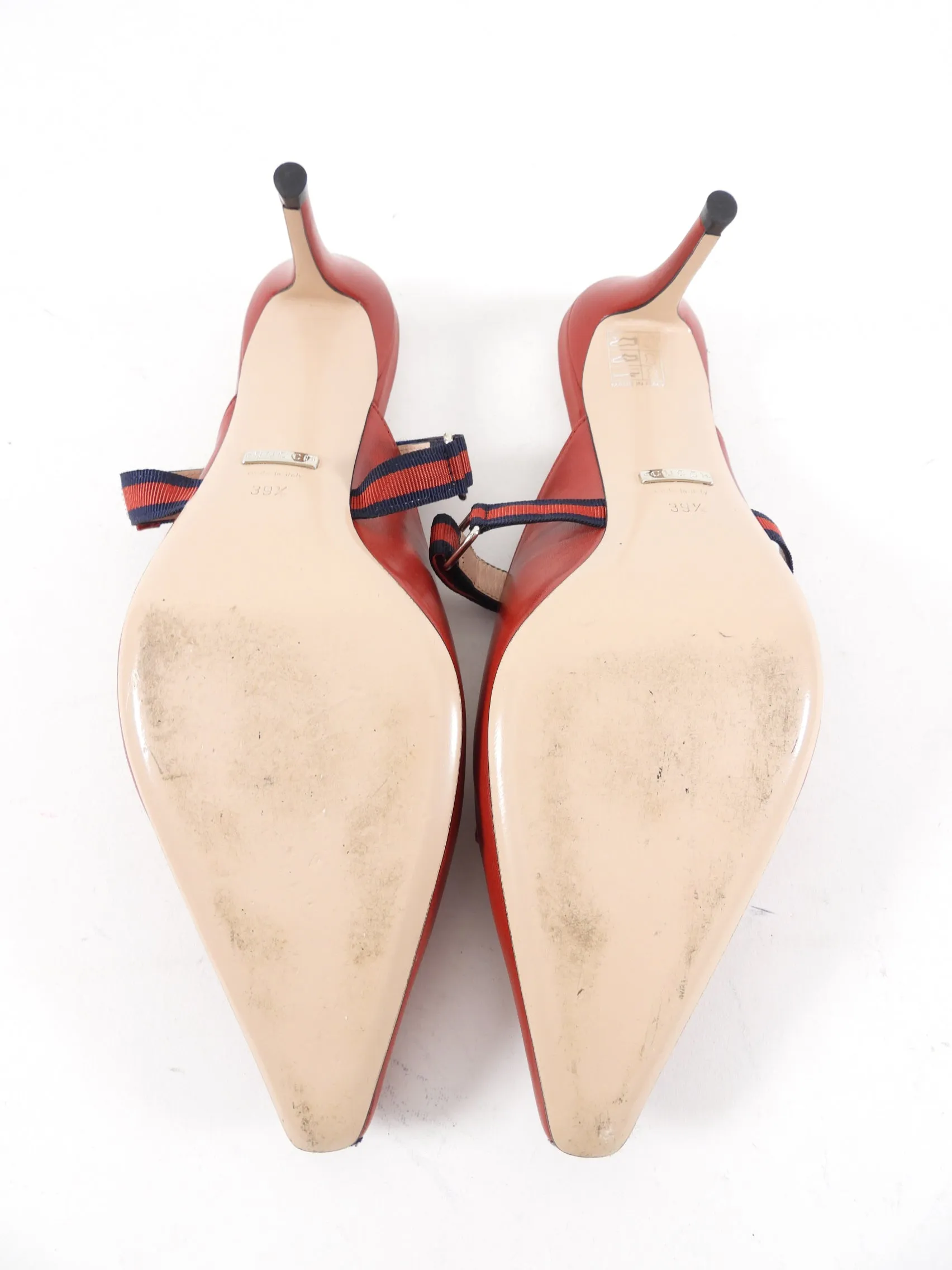 Gucci Red Leather Web Stripe Mules - 39.5