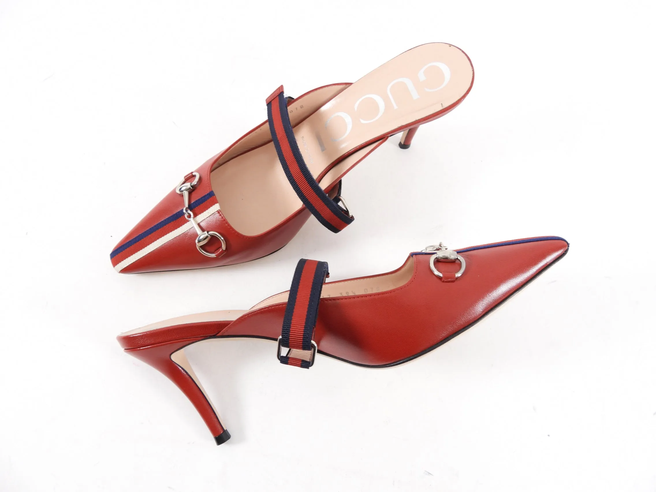 Gucci Red Leather Web Stripe Mules - 39.5