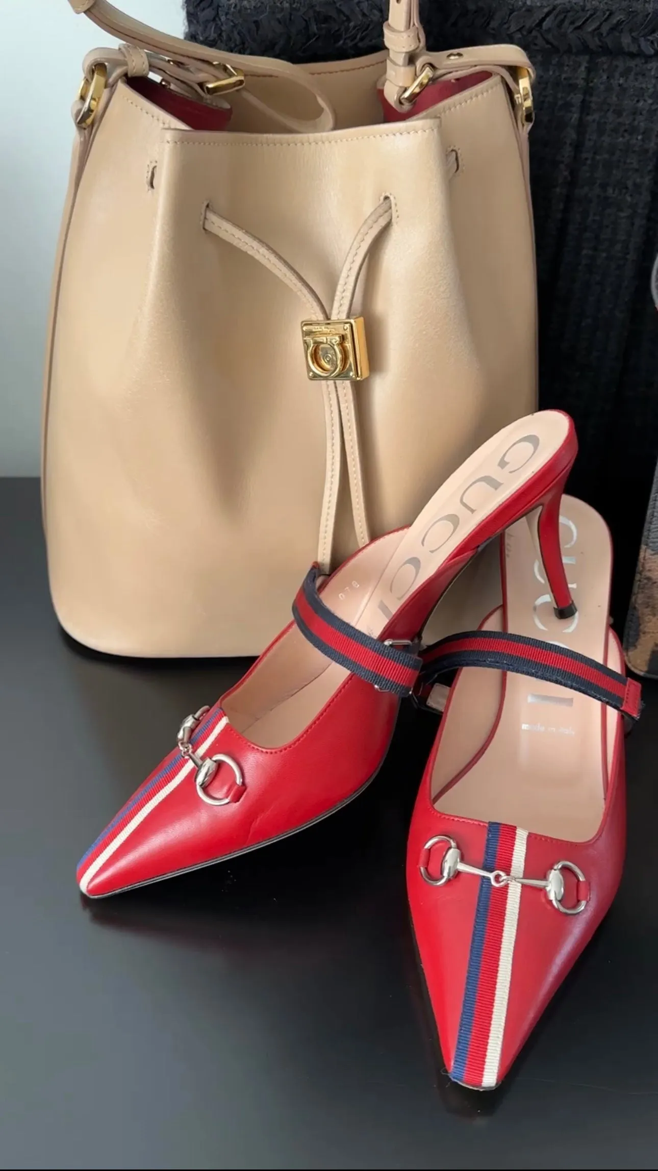 Gucci Red Leather Web Stripe Mules - 39.5