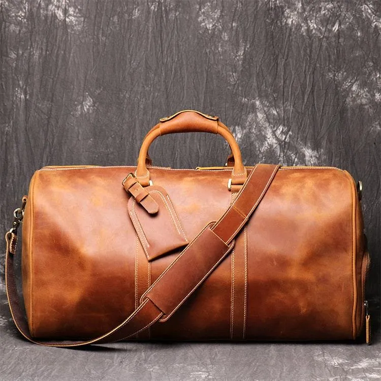 Handmade Full Grain Leather Duffle Bag | Cowhide Large Vacation Travel Bag | Travel Holdall, Lightweight Cabin Luggage, Leather Gym Bag