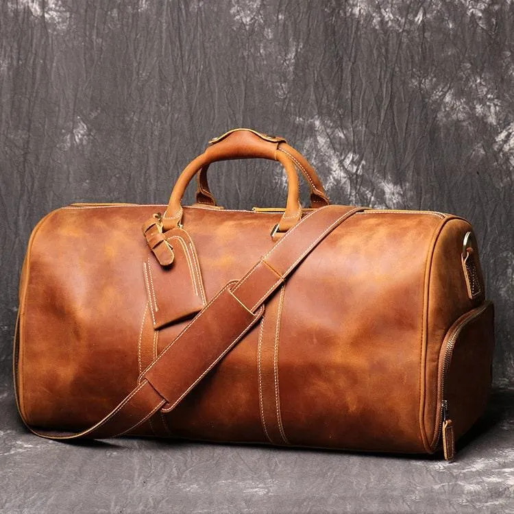 Handmade Full Grain Leather Duffle Bag | Cowhide Large Vacation Travel Bag | Travel Holdall, Lightweight Cabin Luggage, Leather Gym Bag