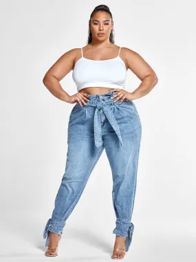 High Rise Paperbag Waist Jeans with Ankle Ties - Short Inseam