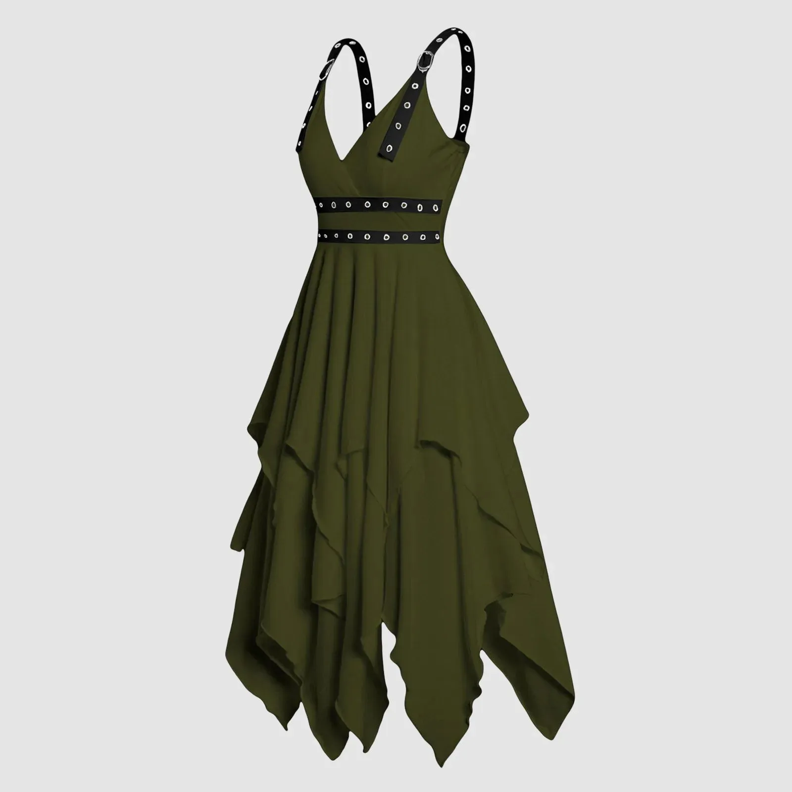 High Waist Asymmetrical Casual Midi Dress Women Adjustable Strap Layered Sleeveless Dresses Solid Vintage Party Gothic Dress