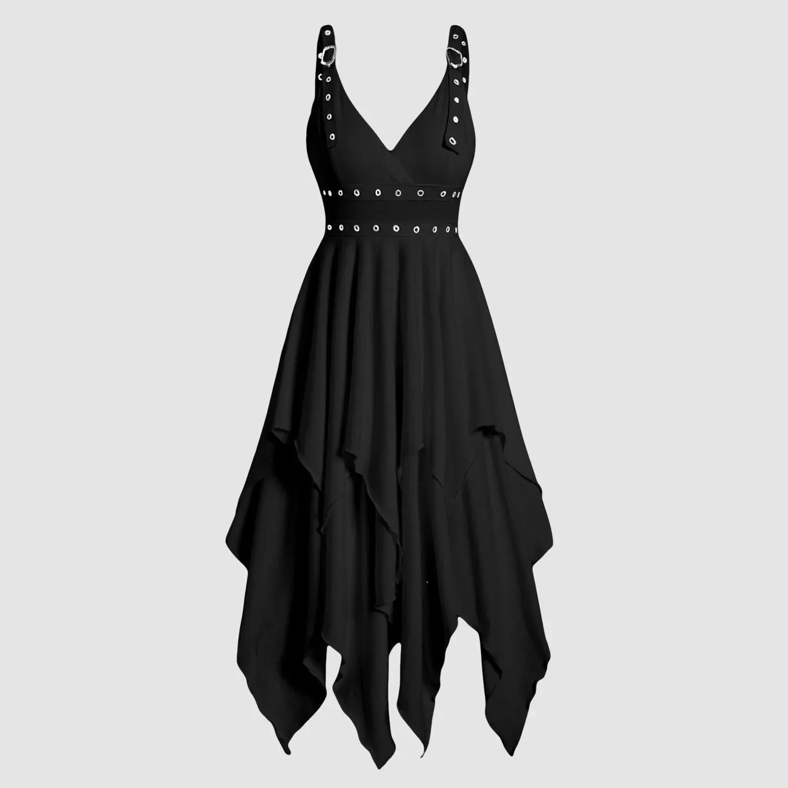 High Waist Asymmetrical Casual Midi Dress Women Adjustable Strap Layered Sleeveless Dresses Solid Vintage Party Gothic Dress