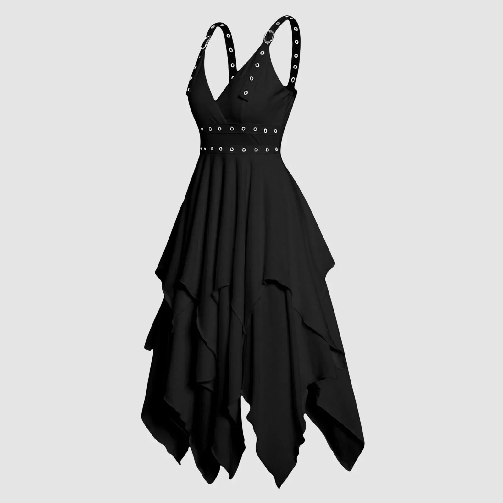 High Waist Asymmetrical Casual Midi Dress Women Adjustable Strap Layered Sleeveless Dresses Solid Vintage Party Gothic Dress