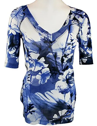 Karen Kane -Floral Breeze, Blue Floral Print, half sleeves Fitted V-Neck Top