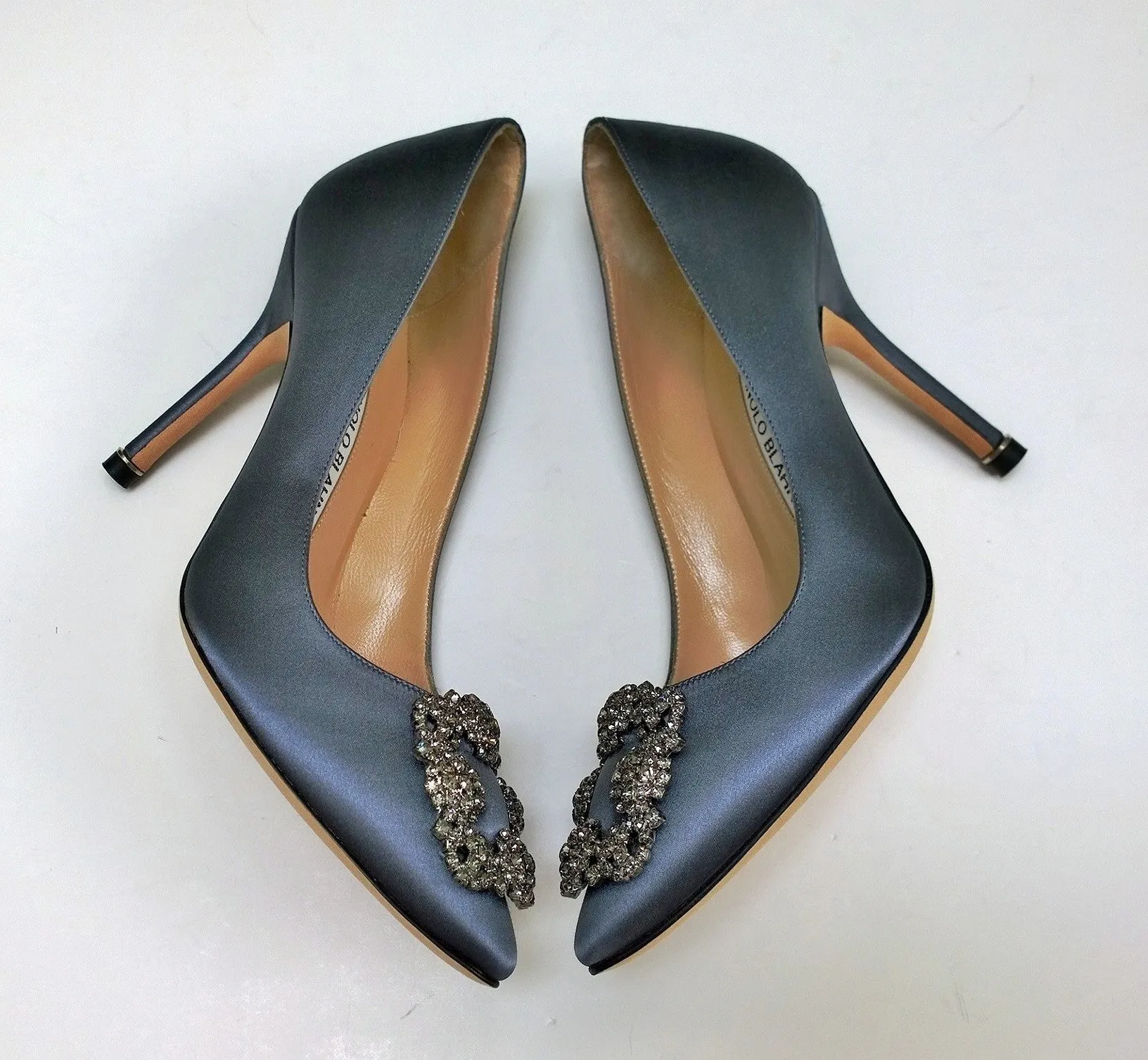 Manolo Blahnik Hangisi 105 Grey Satin Rhinestone Buckle Heels