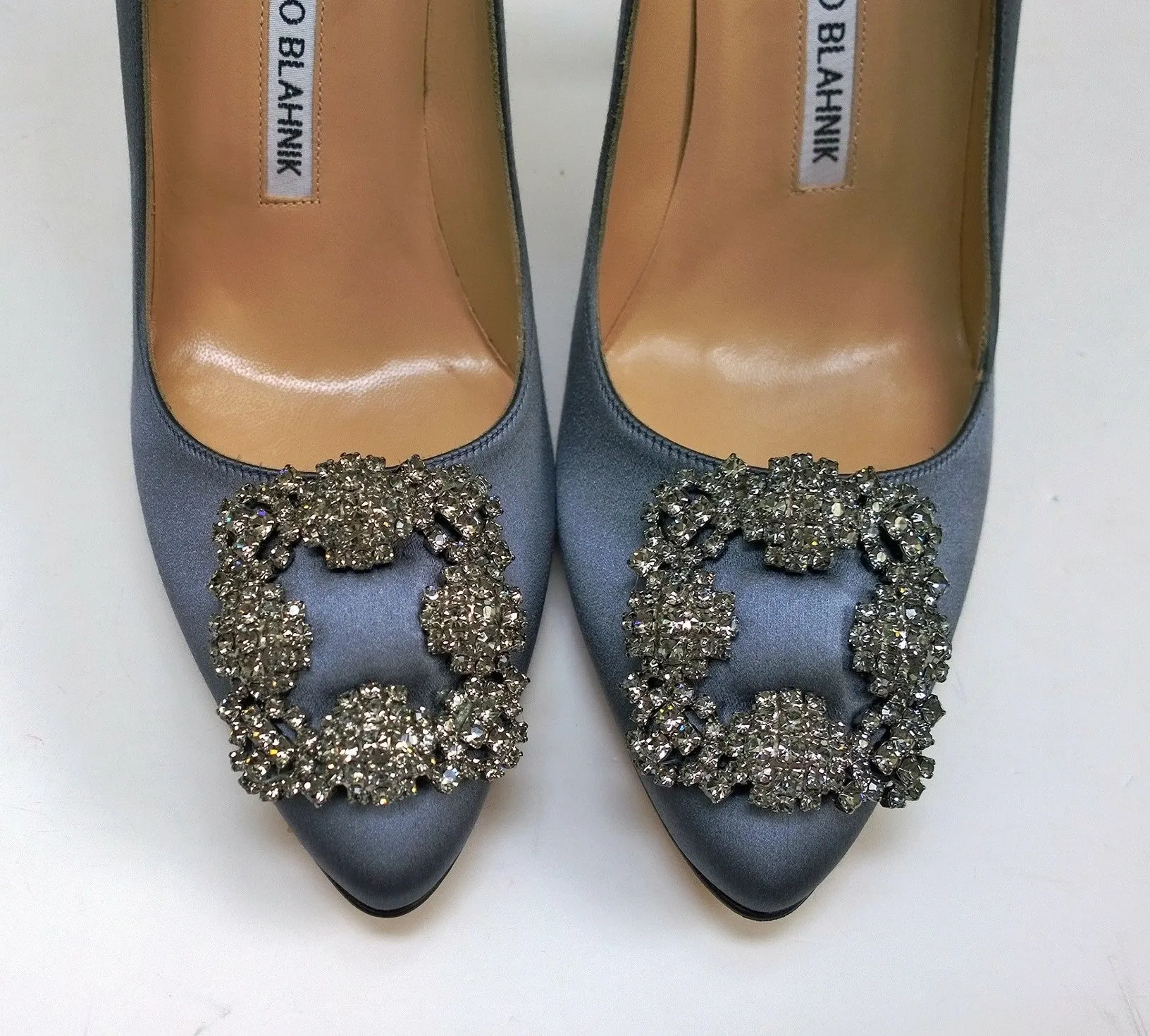 Manolo Blahnik Hangisi 105 Grey Satin Rhinestone Buckle Heels