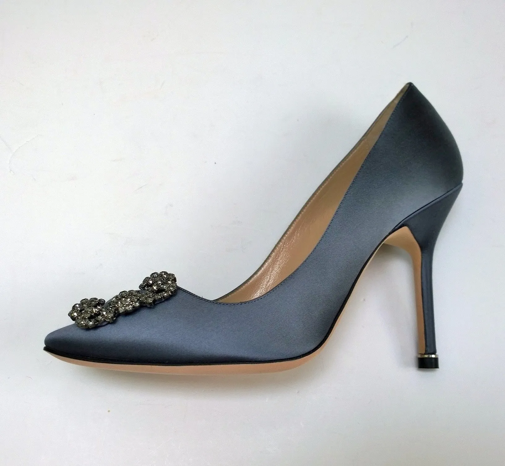 Manolo Blahnik Hangisi 105 Grey Satin Rhinestone Buckle Heels