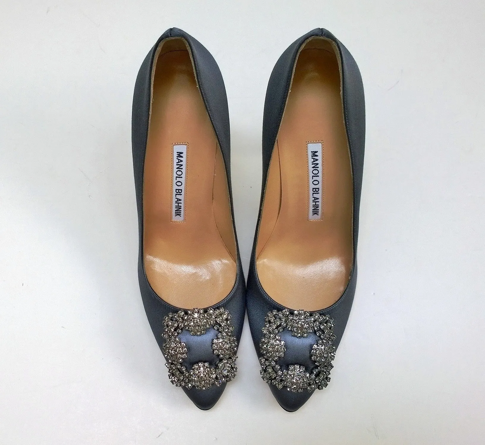 Manolo Blahnik Hangisi 105 Grey Satin Rhinestone Buckle Heels